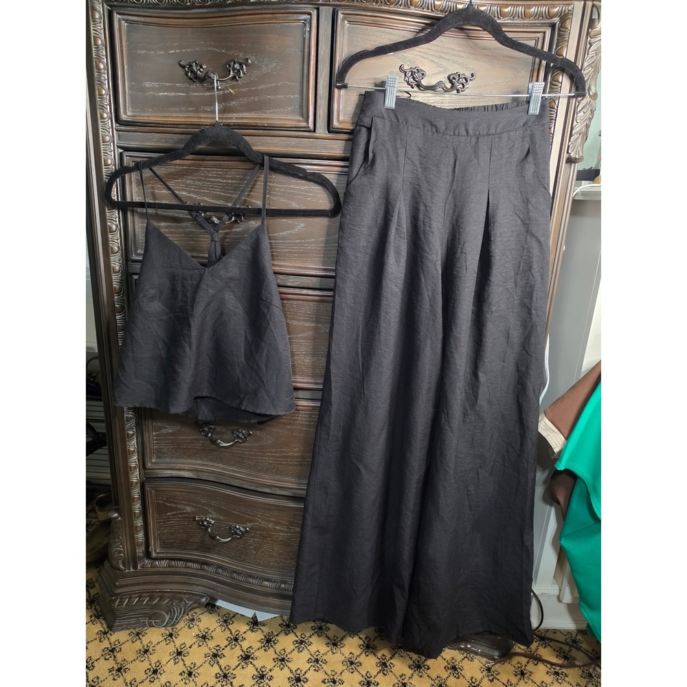 Dress Day Black Linen Blend 2 Piece Set Wide Leg Pants & Cami Top DD8250T Small